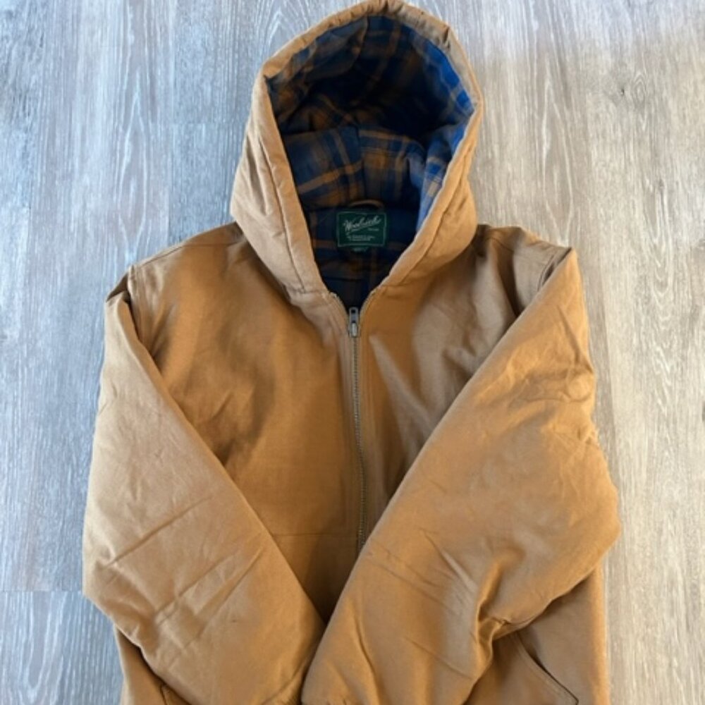 Woolrich Men's Cotton Canvas Flannel Lined Hooded Jacket (Tan) XL New no tags